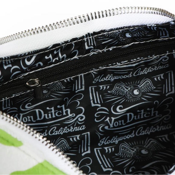 Von Dutch Vegan Pony Hair Lime Green Cow Shoulder Hand Bag with Purple Logo - Picture 5 of 14